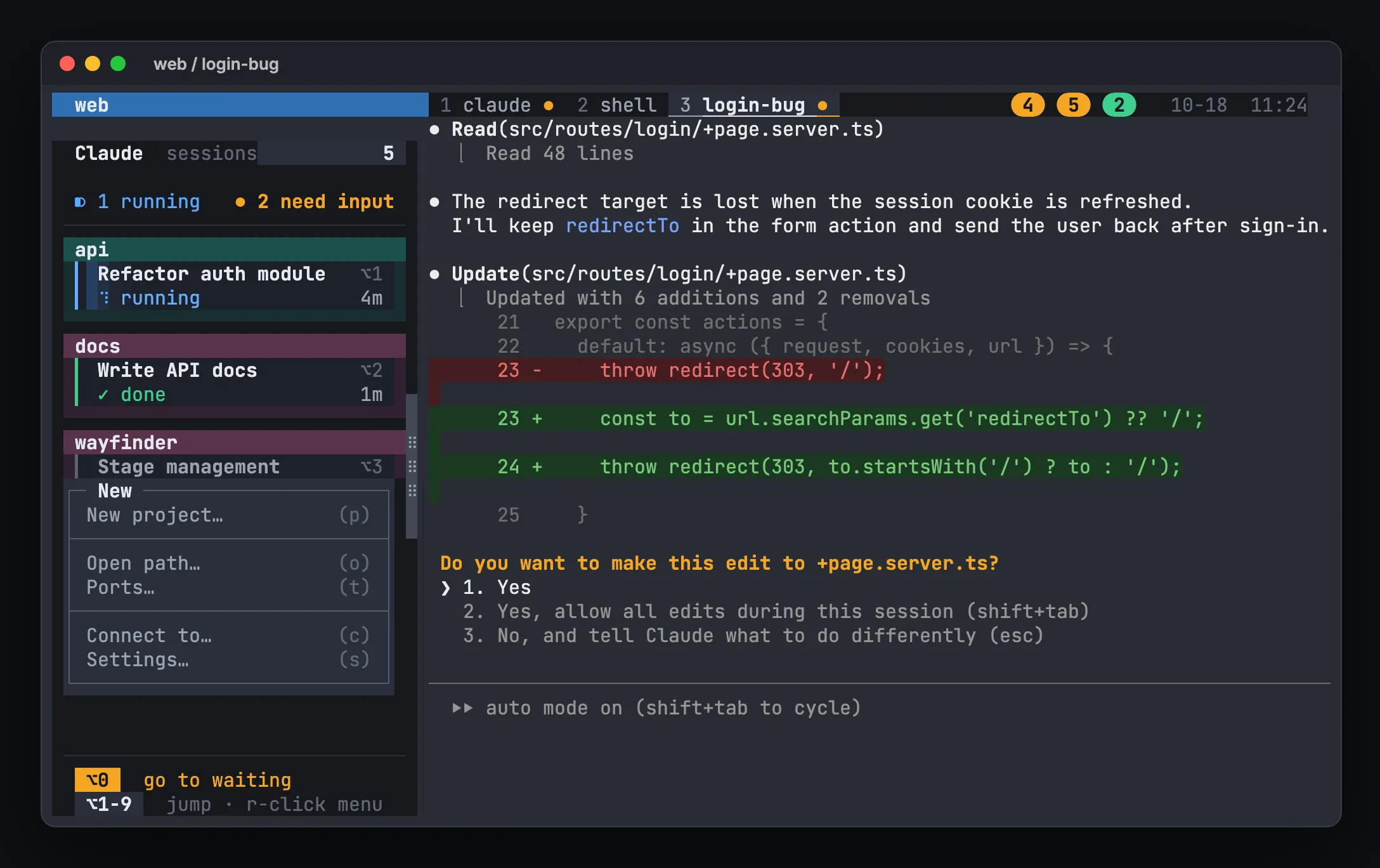 hivemux right-click menu on empty sidebar space offering new project and the shared items