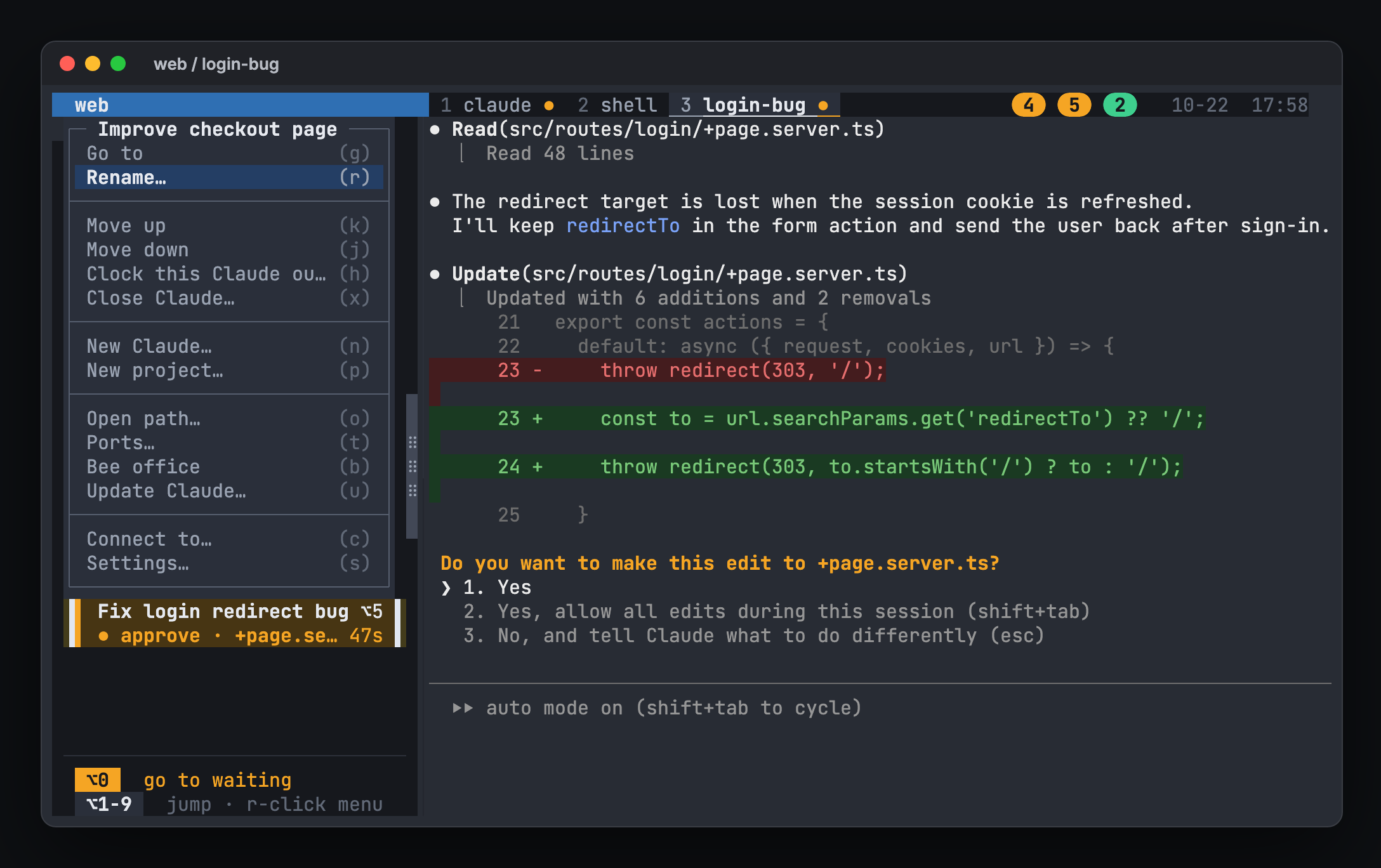 hivemux right-click menu on a task card