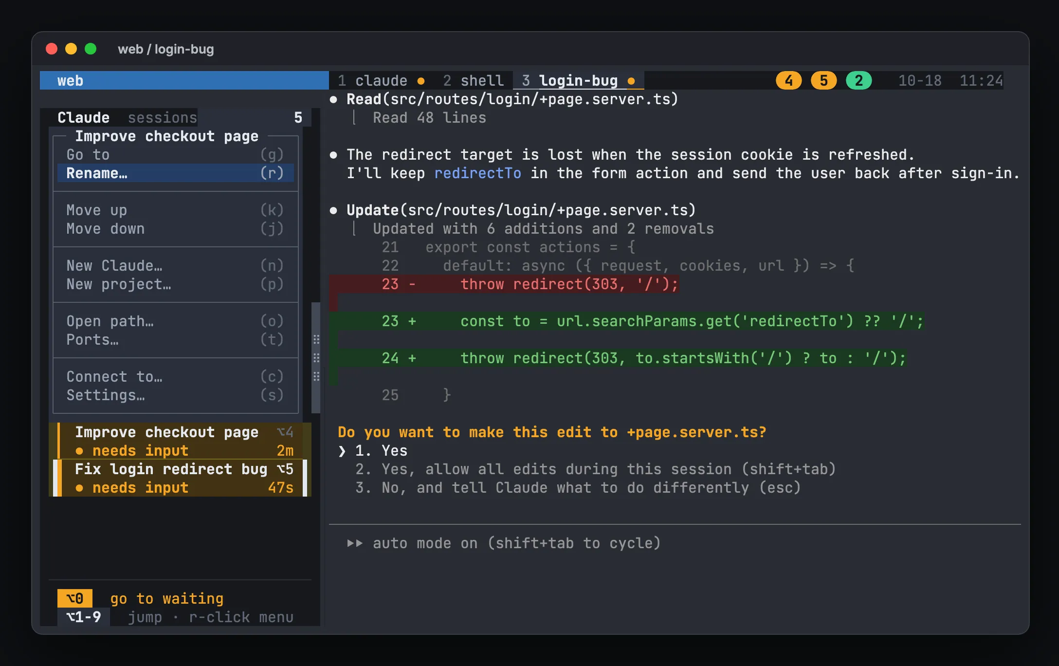 hivemux right-click menu on a task card with go to, rename, move up and down, new Claude, new project, Open path, Ports, Bee office, Update Claude, Connect to and Settings