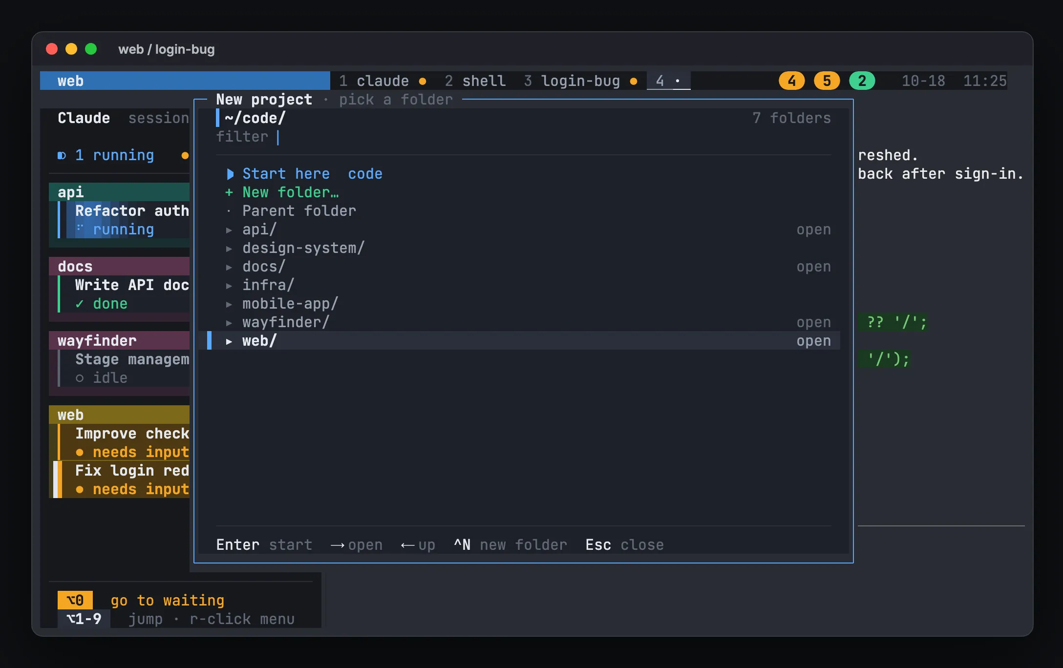 hivemux New project folder browser popup listing folders, with projects already open marked open
