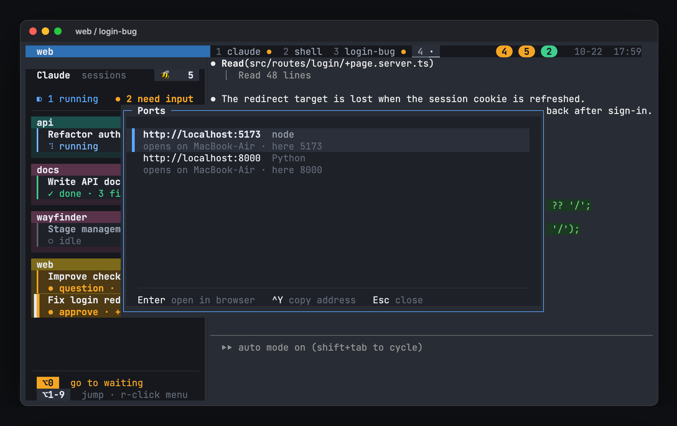 hivemux list of dev server ports forwarded between Macs