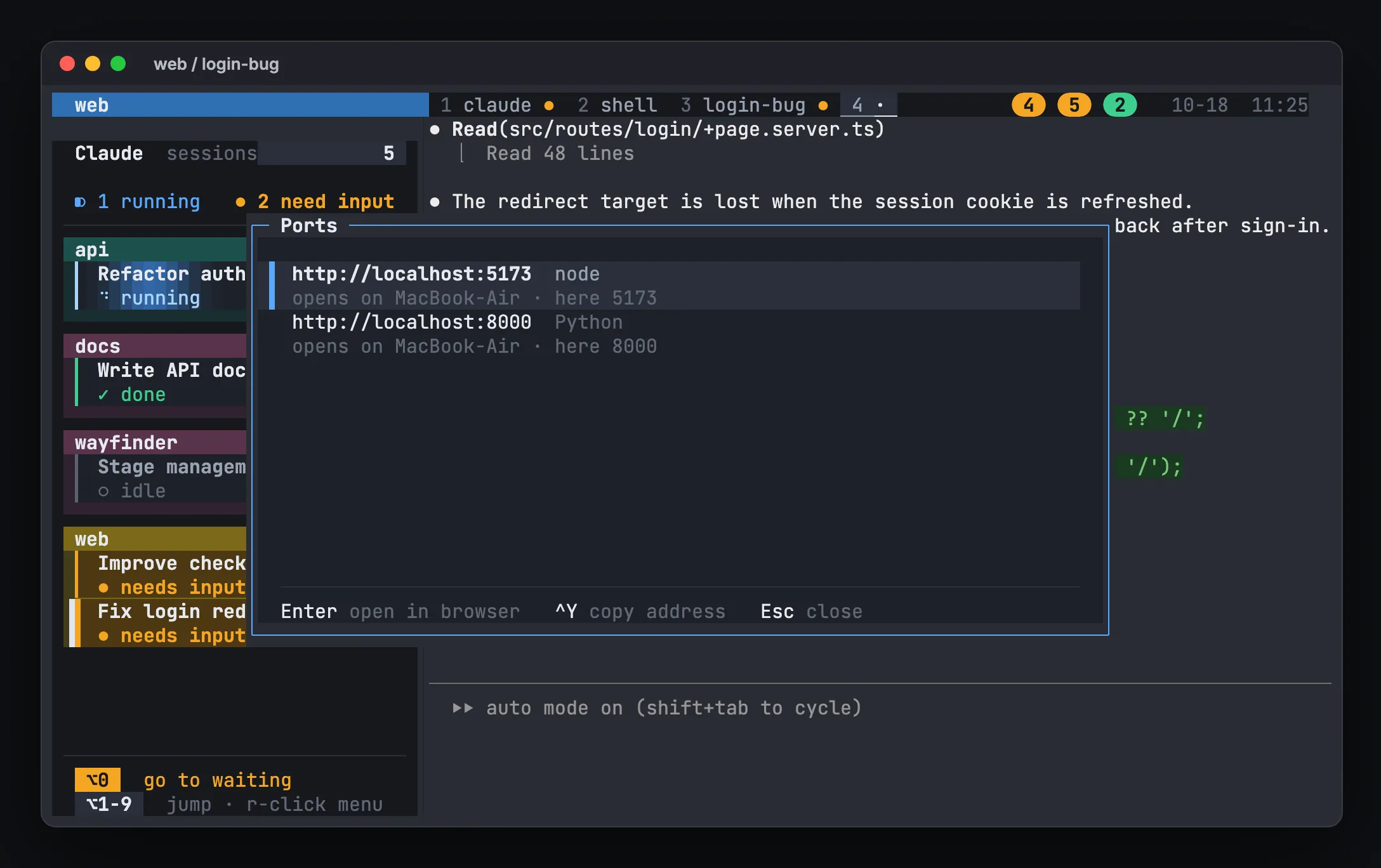 hivemux Ports popup listing http://localhost (node) and http://localhost (Python), each opening on MacBook-Air