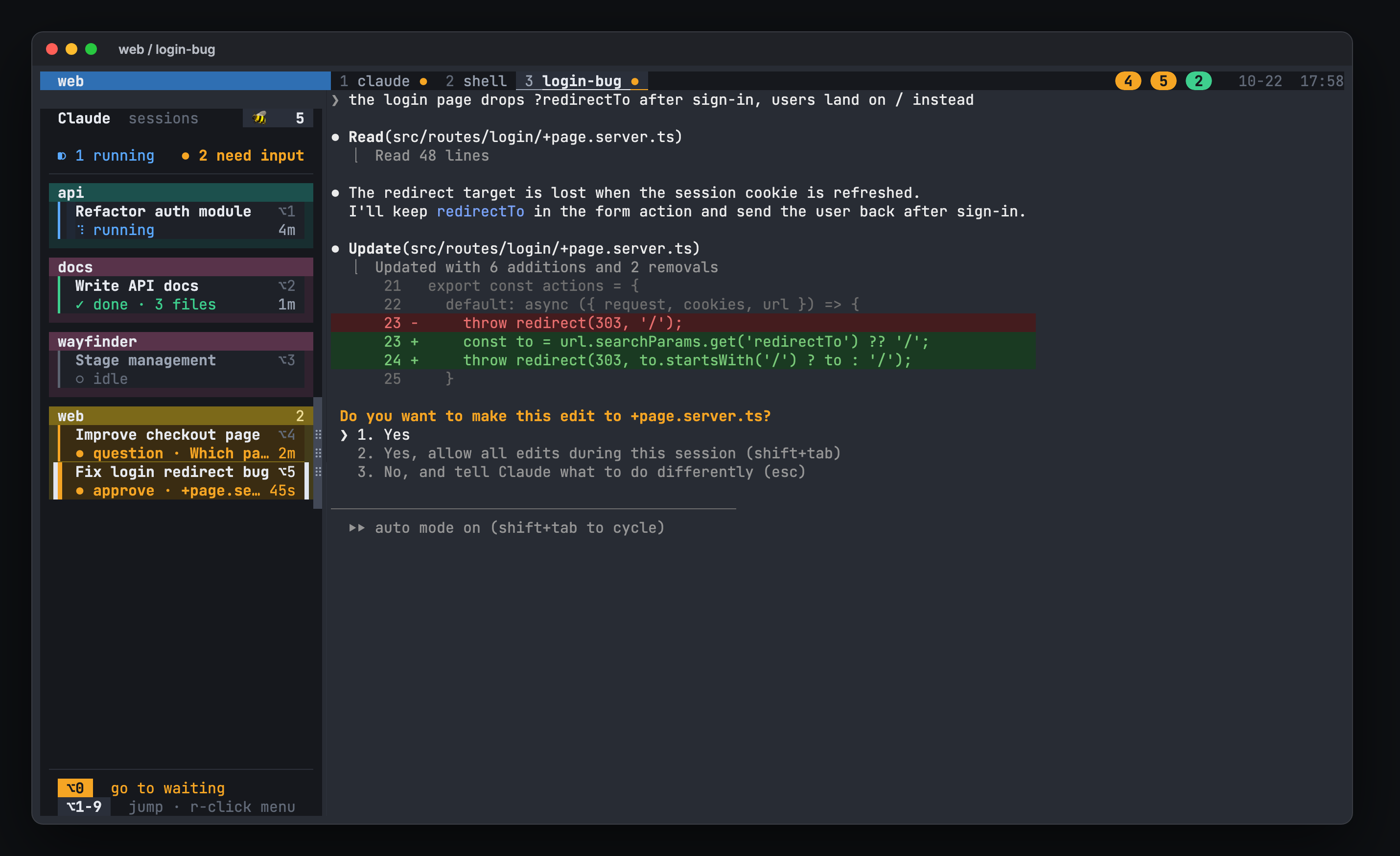 hivemux sidebar in tmux showing four projects and five Claude Code sessions in running, waiting, done and idle states