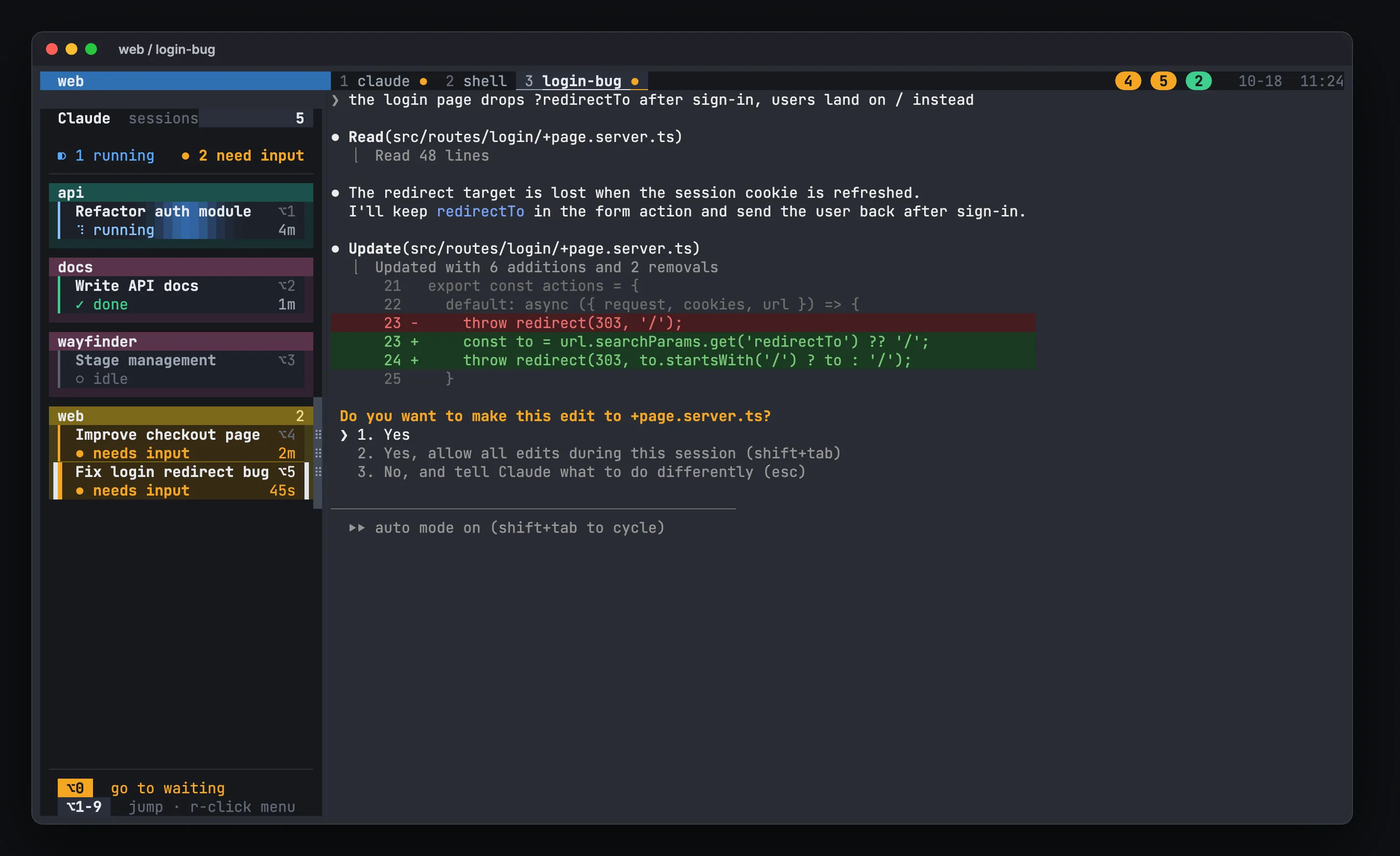 hivemux sidebar with Claude Code sessions grouped by project, showing running, needs input, done and idle cards