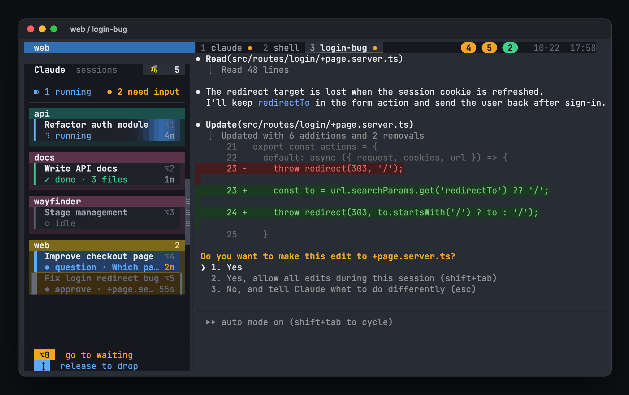 Dragging a task card to a new place in the hivemux sidebar