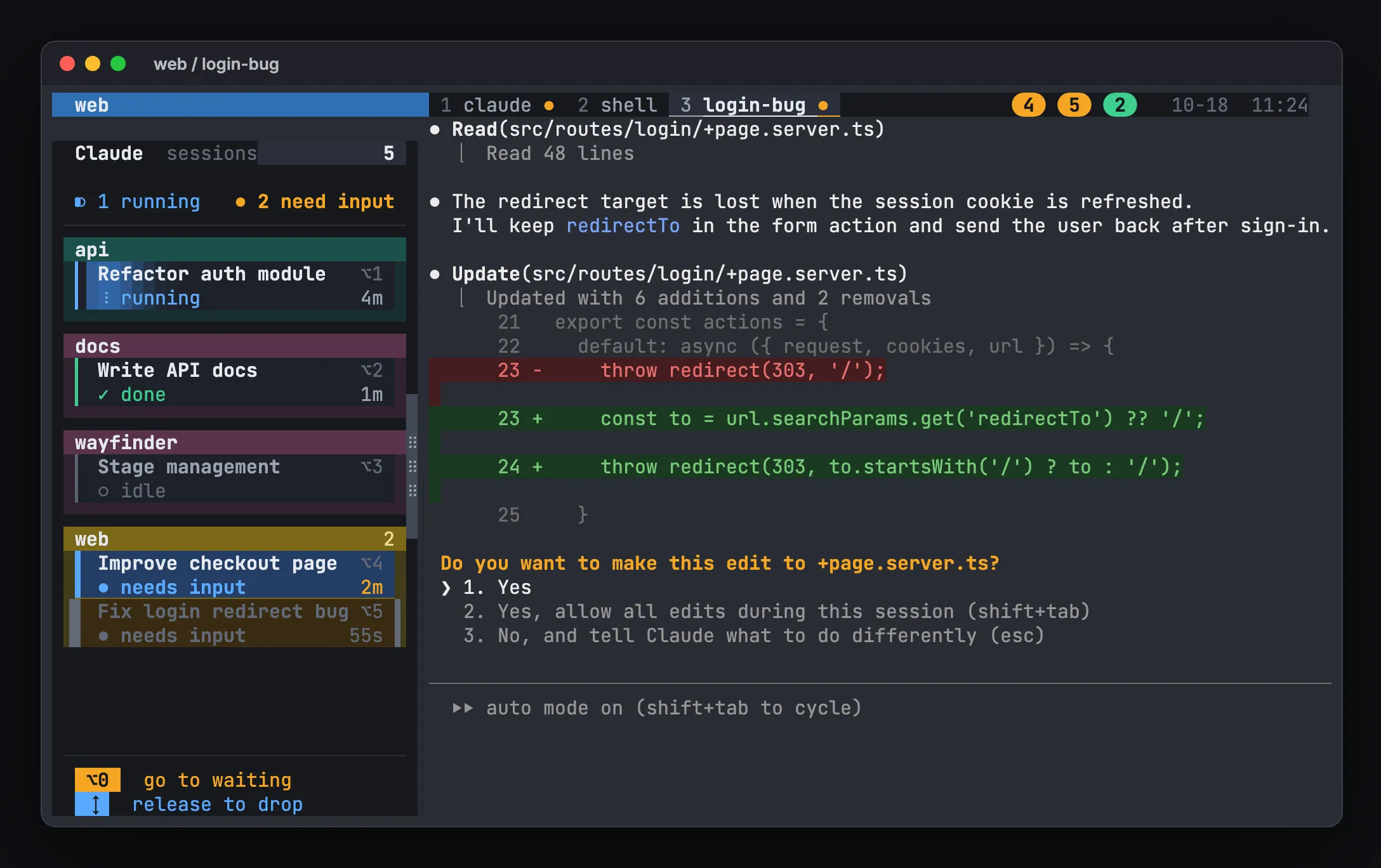 Dragging a card in the hivemux sidebar to reorder Claude Code tasks