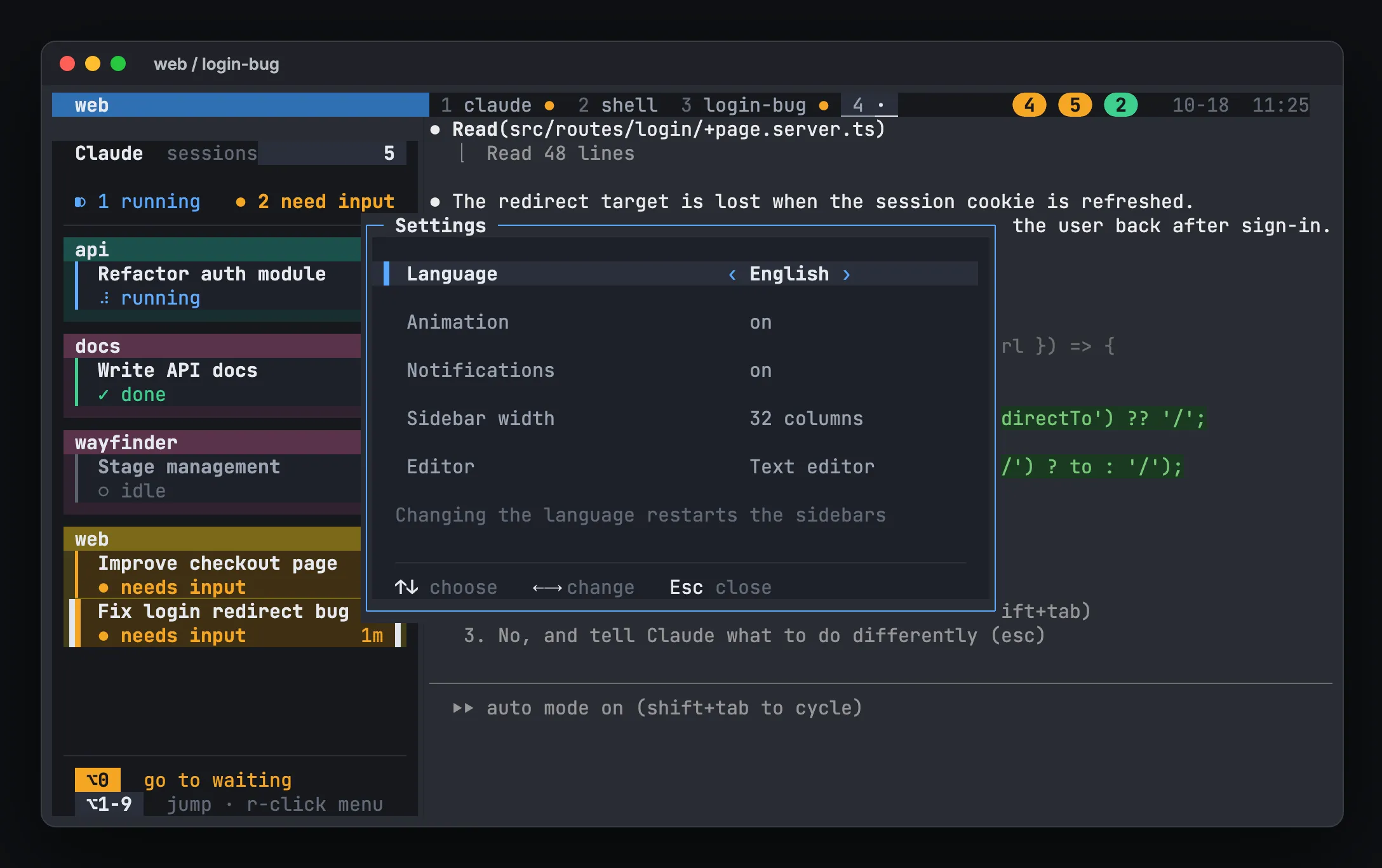 hivemux status line with amber and green numbered badges for tasks that need input or have finished, and the Settings popup with Notifications on